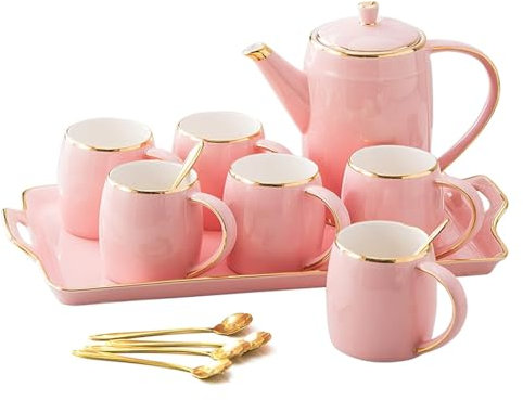 Tea Set Coffee Tea Sets, 1150Ml Coffee Pot, Pink Tea Service of 6 Cups for 300Ml