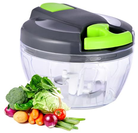 Ziweaye Manual Food Processor Vegetable Chopper, Portable Hand Pull String Garlic Mincer Onion Cutter for Veggies, Ginger, Fruits, Nuts, Herbs, etc., 500ml,（Gray-green）
