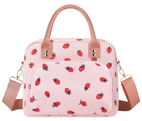 Lunch Bag for Women & Kids, 11.5L Large Insulated Lunch Box Bag, Adults Girls Packed Lunch Box Tote Bags with Shoulder Strap, Soft Cooler Picnic Bags for Work School Picnics (Pink Strawberry)