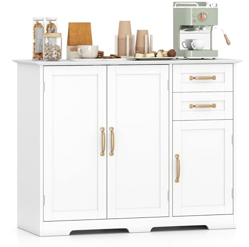 Giantex Sideboard Buffet Cabinet, Modern White Sideboard Cabinet with 2 Drawers, 3 Doors & Adjustable Shelf, Wooden Coffee Station, 40’’ Storage Buffet Table for Kitchen, Living Room, Entryway