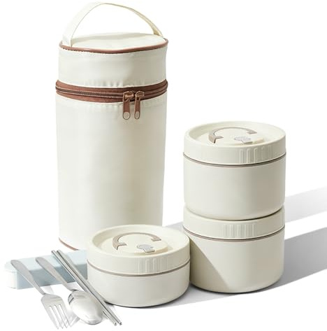 3 stycken termolunchlådor, termobehållare för mat, isolerad bento 1760 ml, 3 våningar med väska och bestick stapelbar termobehållare, 304 rostfritt stål bento lunchlåda för hem, kontor, picknick
