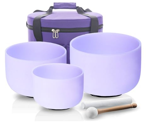 Hye-eun kristallklangskålsset, 432 Hz lila set med 3 st kvarts kristall sjungande skål set 7–11 tum 7 tum B 9 tum F 30 cm med bärväska, meditationsskålar för avkoppling, yoga helande