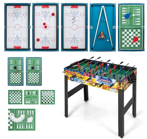 HOMASIS 12 in 1 Spieltisch inkl. Zubehör, Multi Tischspiel Set mit Tischfußball, Airhockey, Billard, Tischtennis, Schach, Bowling, Shuffleboard, Multigame Multifunktionstisch für Kinder & Erwachsene