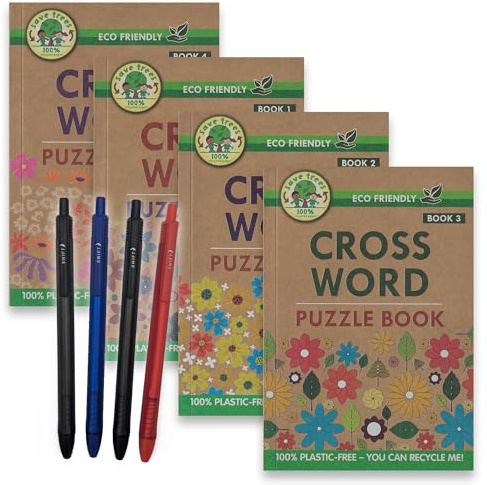 ihoot Crossword Puzzle Books for Adults BUNDLE | 4x Books PLUS Pack of 4 Handy Pens | Crosswords Activity Set with over 130 Brain Teasers in Each