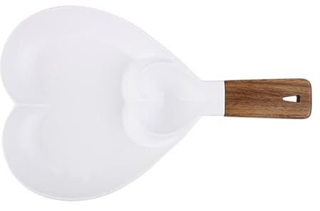 Heart Shape Chip and Dip Bowl with Wooden Handle, Reusable Party Serving Platter for Nachos, Dips, Salads & Breakfast, Ideal for Entertaining & Gatherings, White
