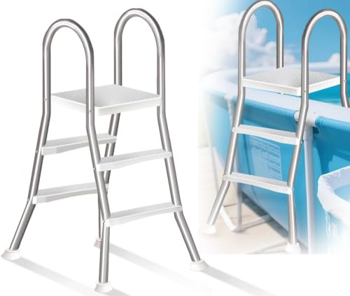 Errzom Escalera para Piscina Elevada de 135 Cm de Altura, Escalera de Piscina de 4 Peldaños y Doble Cara, Estructura de Inoxidable de Alta Resistencia, Peldaños Antideslizantes