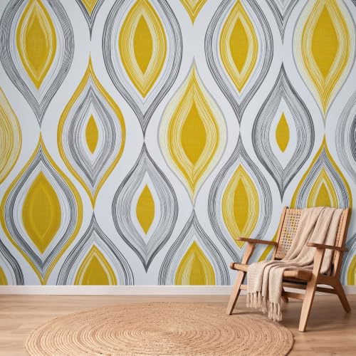 Papier peint intissé Moderne Géométrique Jaune Losange Ellipses Rayures Décoration Murale XL Poster Tableaux Muraux Tapisserie Panoramique Photo Papiers peints pour Chambre Salon Enfant, 300 x 210 cm