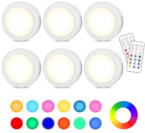 Cadrim Luces para Gabinetes LED, 6 Packs Luces Nocturnas LED Inalámbricas con 2 Remoto,13 Colores Brillo Ajustable Alimentado por 3 Pilas AA (no Incluido) para Iluminación de Armarios etc