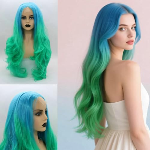 SereneWig Meerjungfrau-Perücke, blaues Ombré-grünes Spitzen-Perücke, langes lockiges Kunsthaar, Cosplay-Perücke, für Damen, Festival, Cosplay, Geburtstag, Party