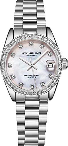 STUHRLING Original Reloj de vestir para mujer, pulsera de eslabones de acero inoxidable, movimiento de cuarzo, esfera analógica con fecha, plateado, Movimiento de cuarzo