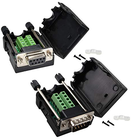 Futheda DB9 RS232 D-SUB Female and Male Adapter 9-pin 2-row Serial Port Breakout Board to Terminal Connector Signal Module Solder-Free (Male Adapter with Case x1, Female Adapter with Case x1)