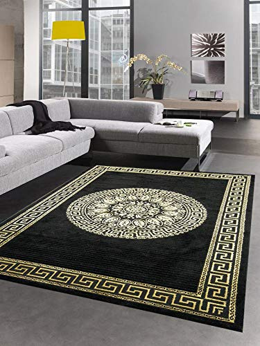 CARPETIA Teppich Wohnzimmer mit Bordüre Mäander Muster schwarz Gold Größe 160x230 cm