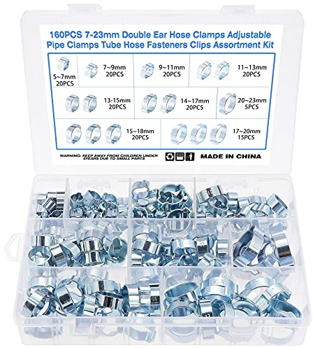 Faankiton 160 Pieces 5-23mm Zinc-Plated Double Ear Hose Clamps Adjustable Hose Clamps Tube Clips Assortment Kit 9 Sizes