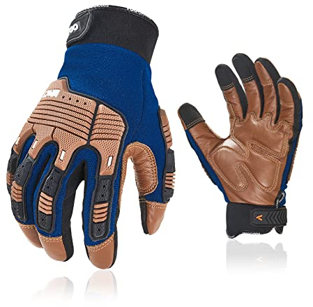 Vgo... Gants de Travail en Cuir - Mécanicien, Sécurité, Hydrofuge, Anti-vibration, Résistant à l'Eau (CA7725IPWR, Bleu, 10/XL, 1 Paire)