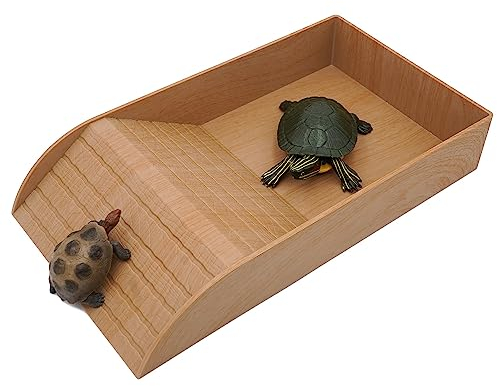 Reptilien Futterschale, Schildkröte Badewanne mit Stufen Futternapf Klettertier-Sonnenterrasse, geeignet für Echsen Amphibien (Holzmaserung)