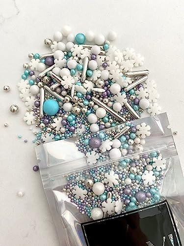 Edible Blue & White Sprinkles Mix 45g | Metallic Sugar Pearls & Balls | Cake Cupcake & Cookie Decorations | Frozen Elsa Wedding Birthday Baking Toppings