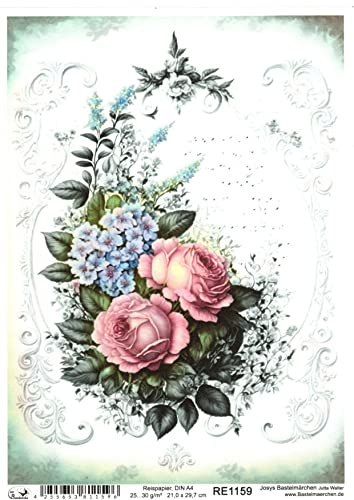 Josys Bastelmärchen Reispapier A4 Strohseide Decoupage Rosen Notenblatt Blumen Vintage RE1159