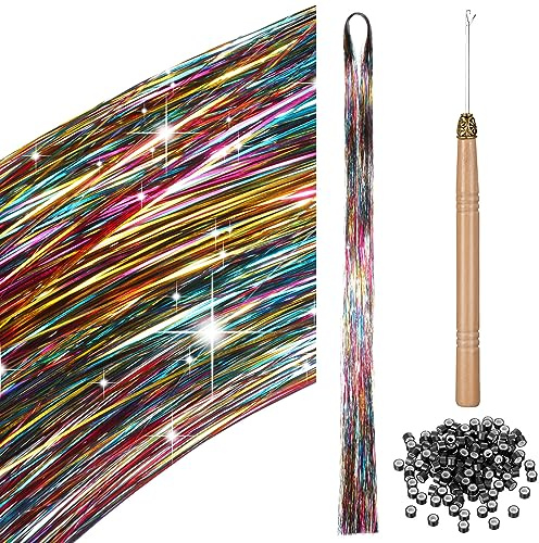 BBTO 200 Strang Haar Lametta Kit mit Werkzeug Lametta Haarverlängerung Glitzer Haarteil zum Flechten Haar Stränge Set für Frauen Cosplay Party Zubehör(Farbverlauf)