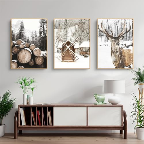 Herfair 3er Poster Set, Winter-Schneelandschaft Elch Holzhaus Bilder, ohne Rahmen Modern Weihnachtsdekoration Wandbilder Wohnzimmer Deko Schlafzimmer (B,50x70cm)