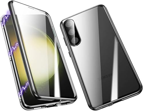 LIUKM Hülle für Samsung Galaxy S24 Magnetische Adsorption Handyhülle 360 Grad Stoßschutz Vorne hinten Gehärtetes Glas Schutzhülle Metallrahmen Case - Schwarz