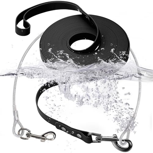 Wasserdicht Schleppleine für Hunde,mit Chew Proof Tie-Out Leinen,Wasserdicht Trainingsleine für Hunde(Schwarz,15m)