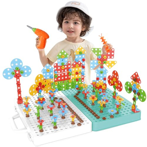 Ark miido Mallette à outils pour enfants avec perceuse, jeu d'emboîtement Montessori - Jouet éducatif créatif 3D - Puzzle mosaïque - Jeux à partir de 3, 4, 5, 6 ans - Pour garçons et filles