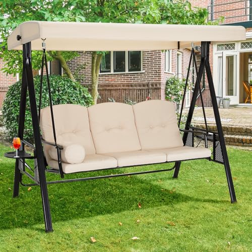 YODOLLA 3-Sitzer Hollywoodschaukel für Erwachsene, 3-Sitzer Veranda Schaukeln mit verstellbarem Baldachin, Außenschaukelbank mit abnehmbarem Kissen für Hinterhof, Garten, Hof, Pool, Balkon(Beige)