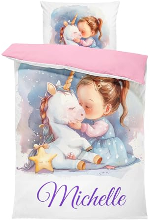 Pictogogo Einhorndesign Kinderbettwäsche für Mädchen, Personalisierte Bettwäsche mit Namen, Komplett Set mit Reißverschluss, Oeko-TEX Standard 100, 135 x 200 cm