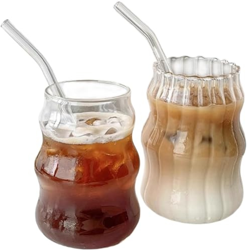 NIDONE Glasbecher mit Strohhalmen 2pcs Vintage gerippte Glaswaren 18oz Ripple -Glas -Tassen in Form geformtes Getränkgläser Iced Coffee Tasse für Whisky -Cocktailsaftbier, gerippte Brille