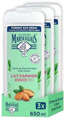 Le Petit Marseillais - Crème de Douche Extra Douce Lait d'Amande Douce Bio (lot de 3 flacons de 650 ml) – Gel douche avec 92 % d'ingrédients d'origine naturelle–pH neutre pour la peau et sans colorant