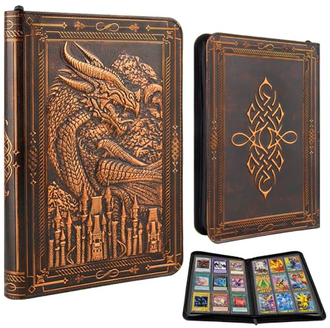 TIANREN Card Binder 9 Pocket, 3D PU Leather Album with Zipper, 360 Side Loading Pockets for TCG, MTG, Lorcana, Other Collectible Cards, Trading Card Game Protective Folder Album (Reddish Brown)