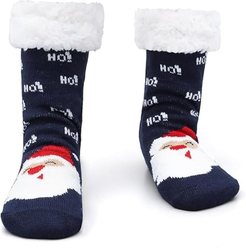 DERAYEE Calcetines de peluche para hombre y mujer, calcetines cálidos antideslizantes, calcetines para casa, calcetines de Navidad mullidos, Azul Oscuro Santa Claus, 40 EU