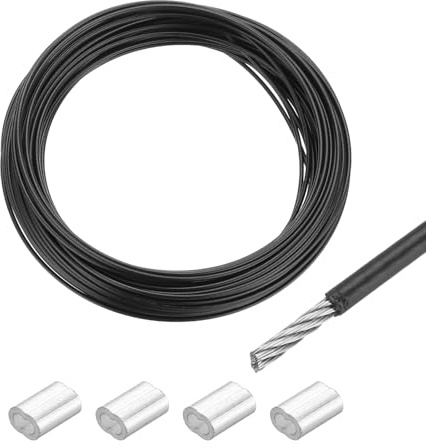 QUARKZMAN Drahtseil Edelstahl 20M x 1,5 mm Stahlseil PVC ummantelt mit 4 Aluminiumhülsen Sicherungsdraht Aufhänger für Bilder Vorhang Geländer Outdoor Gartenmöbel Sonnensegel, Schwarz