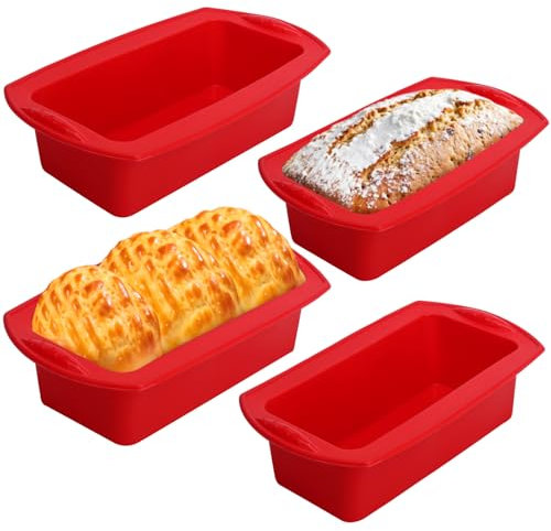 VZZNN Lot de 4 moules à cake en silicone - Anti-adhésif - Résistant à la chaleur - Rectangulaire - Pour gâteaux, pain ou pain - 28 x 14,5 x 7 cm - Rouge