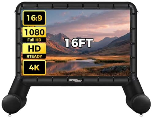 SPORTSWIN 16FT Inflatable Outdoor Movie Screen, Blow up Projector Screen Outdoor with Air Blower, Movie Screens for Backyard with one Piece Design, Front & Rear Projection, Easy Set up