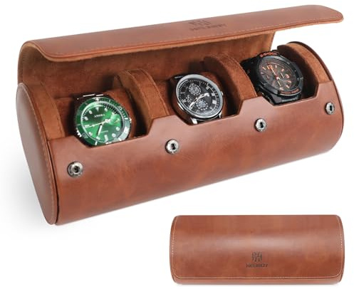 HELMDY Étui de voyage pour montres homme et femme : rouleau de voyage pour 3 montres – Boîte de rangement et présentoir pour montres et montres intelligentes jusqu'à 50 mm (marron)