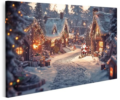 islandburner Bild auf Leinwand Weihnachtsdorf bei Nacht mit beleuchteten Häusern und Santa Claus Bilder Wandbilder Poster