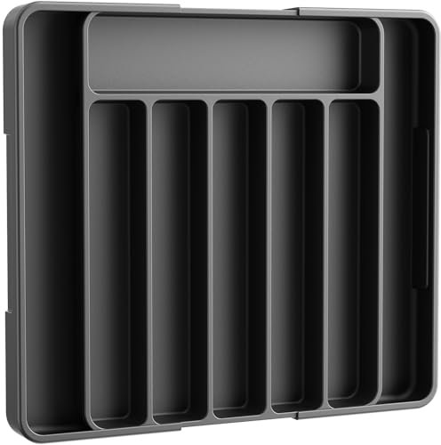 Kitsure Large Cutlery Drawer Organiser for Kitchen - Adjustable Cutlery Tray for Effortless Utensil Sorting, Versatile Kitchen Storage & Organisation Solution, Black, 34.8 x 3.9 x 27.8~50.0 cm