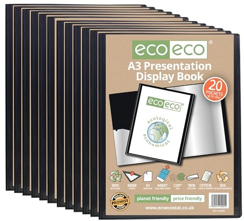 eco-eco Eco005x12 Präsentationsmappe, A3-Format, 50% recycelt, 20 Taschen, Schwarz, Präsentationsmappe mit Kunststoffhüllen, 12 Stück