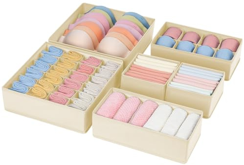Joyoldelf Schubladen Organizer 6er Set, Faltbar Unterwäsche Organizer Kleiderschrank Ordnungssystem, Aufbewahrungsbox Stoff für Socken, BHs, Krawatten, Babykleidung (Beige)