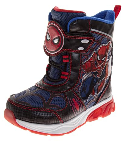 Disney SpiderMan Snow Boots with Lights - Spidey Winter Boot for Boys - Fur Lined Insulated Waterproof - Black/Red (size 6 Toddler)