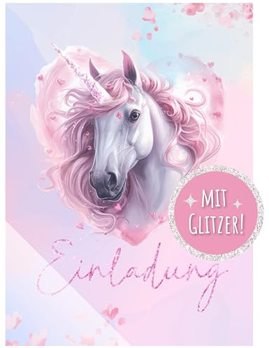 ZETTMANN® 10er Set Einhorn Einladungskarten Kindergeburtstag Mädchen & Jungen - DIN A6 Format mit Spezial-Glitzer-Effekt - Premium Einladungen Einhorn - klimaneutral & BPA frei für Kinder