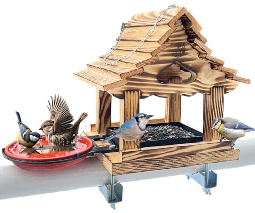 STAFECO Vogelfutterhaus Vogelhaus für Balkon Vogeltränke, wetterfest Futterhaus balkongeländer Holz imprägniert Handarbeit Gartenvögel im Garten Balkonhalterung (Bausatz 3)