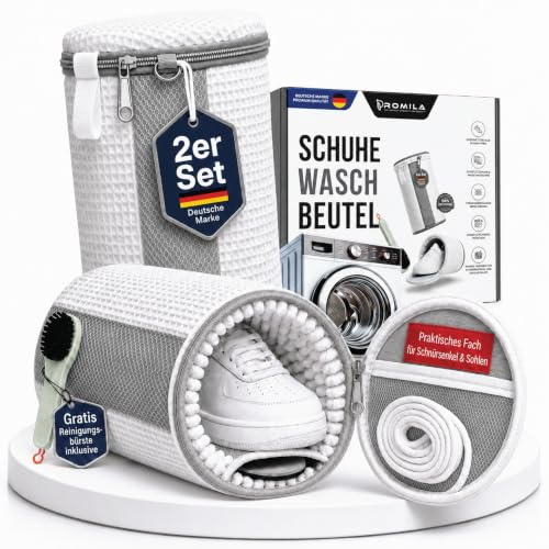 Premium Schuhwaschbeutel für die Waschmaschine bis Größe 50 mit schonender, wasserdurchlässiger Reinigung–2x wiederverwendbare Waschbeutel für Schuhe mit Reinigungsbürste, schützt Schuhe&Waschmaschine