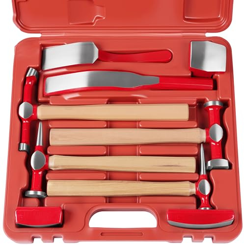 DAYUAN 9 pcs heavy duty Auto Body Repair Tool, Fender Repair Kit Carbon Steel Hammer Dolly Set Dent Hammer Set with Hickory Handle with Red Case