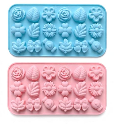 Silicone Flower Chocolate Molds Set, 2 Pcs Cute Rose Daisy Baking Mold, Reusable Non-Stick Moulds for DIY Cake Decorations Jelly Pudding Gummy Cupcake Toppers (Pink, Blue)