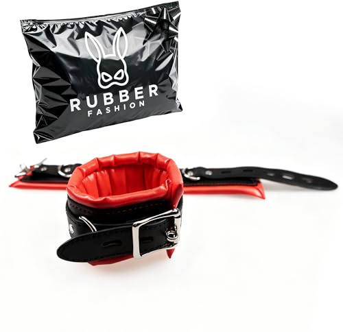 Rubberfashion Handschellen für Bondage mit Schloss und Kette – Fesseln & Bondage – BDSM Set - Liebesspielzeug für Paare Rot - Schwarz