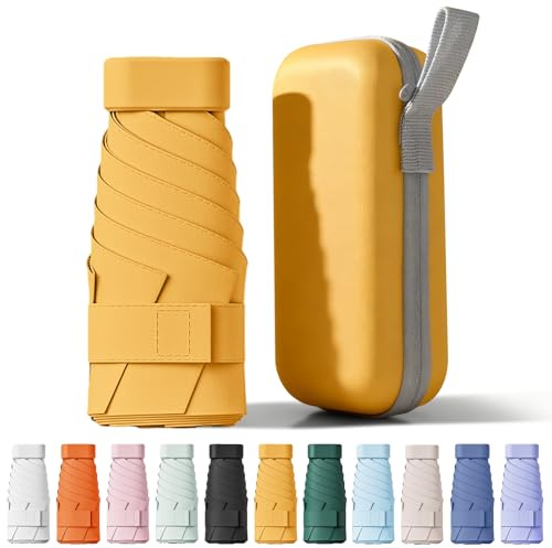 FWHFNB Ombrello Piccolo, Mini Ombrello Tascabile, Pieghevole Ombrellos da Viaggio, Ombrellos Anti-Uv Per Pioggia, UPF 50+, Portatile Leggero Compatto, per Donne Uomini (Giallo)