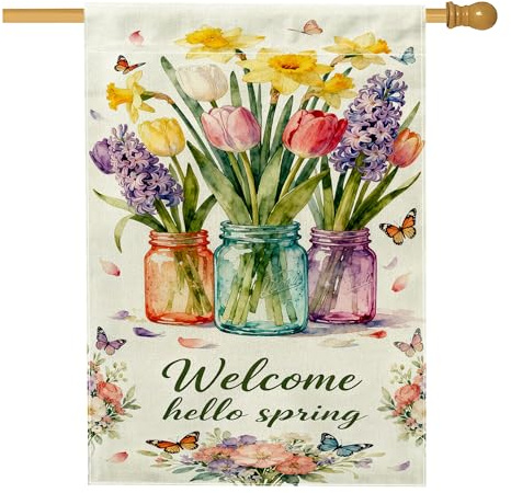 Bandiera per la casa con tulipani, primaverile floreale narciso giacinto verde primaverile in iuta su entrambi i lati, bandiere decorative per portico anteriore, per esterni, prato, cortile, patio