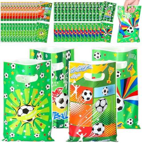 52 Stück Football Geschenk Taschen Mit Griffen, Kunststoff Fußball Geschenk Taschen, Partytüten Kindergeburtstag Fußball Party Taschen Goodie Bags, für Thema Party Deko,Begünstigungen (25x16.3cm)